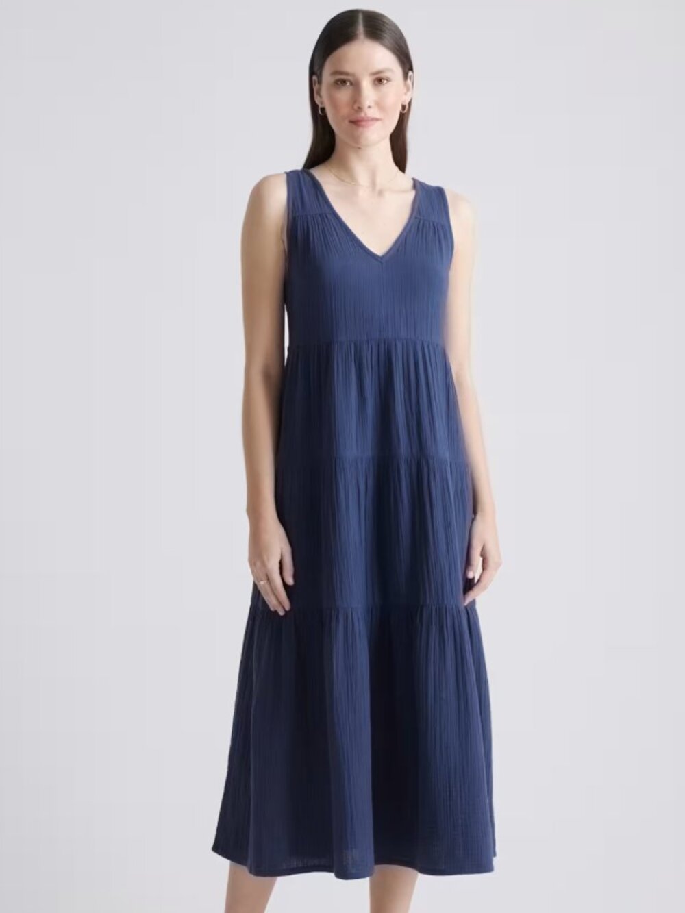 Quince Organic Cotton Gauze Tiered Maxi Dress Small Indigo Blue